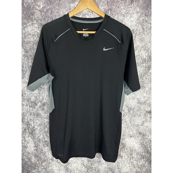 Nike Dri-Fit Gray and Black Swoosh Logo "Running" T Shirt Compression Men Medium - Picture 1 of 13